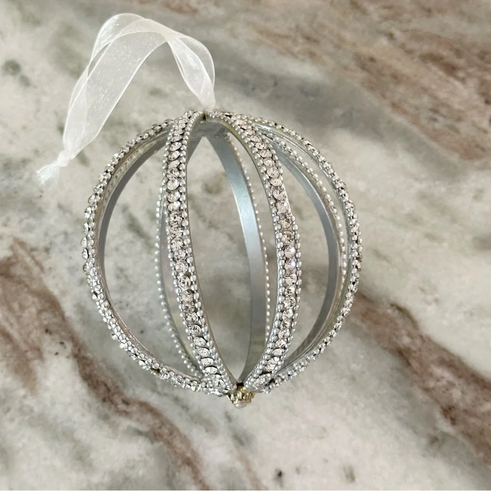 Large Silver Christmas Ornament- Rhinestone Beaded Sparkly Jewel Holiday Decor